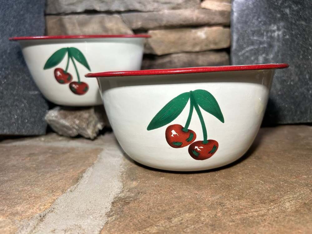Vintage Red Cherry Metal Bowls 2 Decor READ